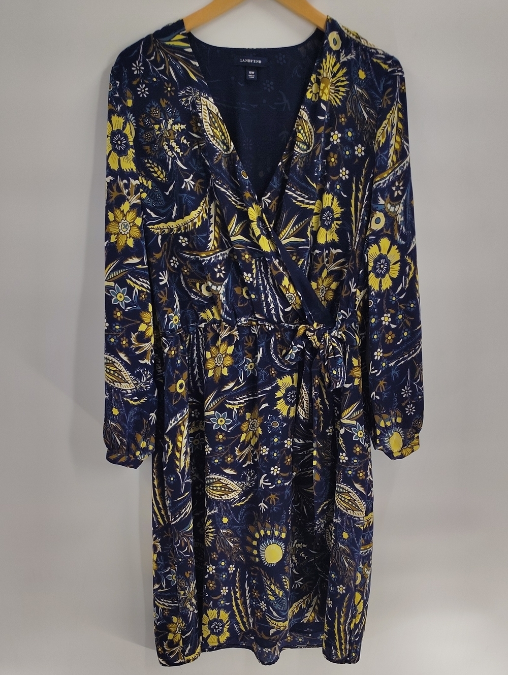 Lands' End Dress Size 18W Faux Wrap Style Navy Yellow Floral Print Long Sleeve